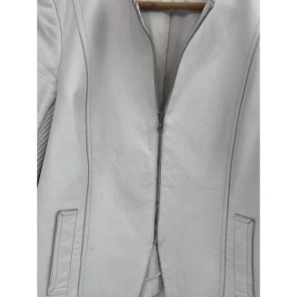 Vince Lamb Leather Zip Collarless Jacket Mix Knit Sleeve Ivory/White Cream Sz 6